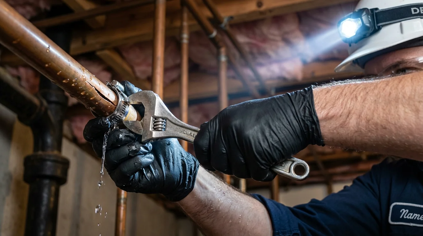 Emergency pipe clamp repair being performed by a Johns Plumbing LLC plumber in Tremonton