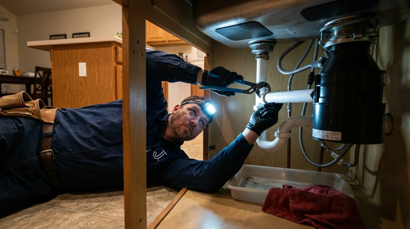 P-trap and supply line connections under a kitchen sink showing a common leak point in Tremonton, UT